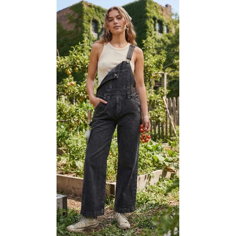 Cotton On Utility Denim Overall Long Washed Black Wide Leg Bib Jumpsuit Womens 2